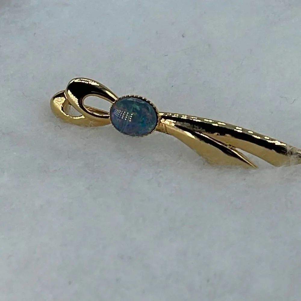 Gold plated sterling silver modernist brooch blue triplet opal stone. Stamped 92